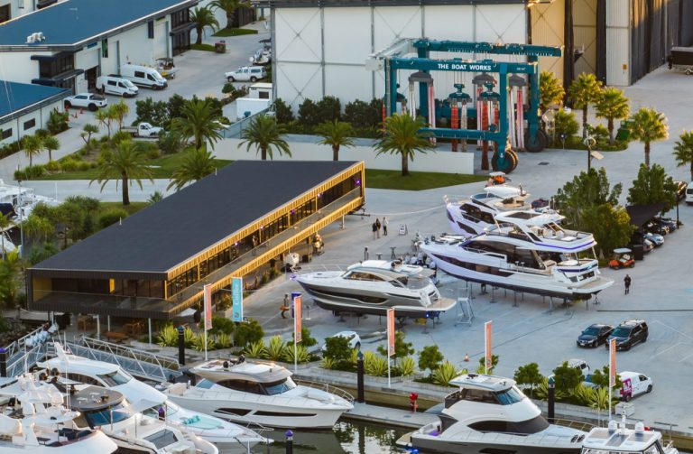 Aerial view of The Boat Works marina and boatyard on the Gold Coast